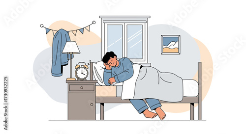 Illustration of a young man sleeping soundly in his bed at home peacefully dreaming