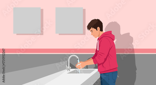 Illustration of a young man washing his hands thoroughly under running water in a sink for hygiene
