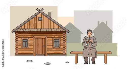 Illustration of an Elderly Man Sitting on a Bench in front of a Log Cabin with a peaceful mood