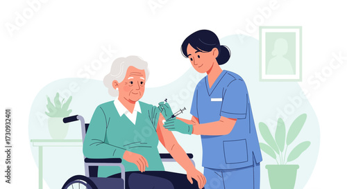 Illustration of nurse administering vaccine injection to senior woman in wheelchair vaccination