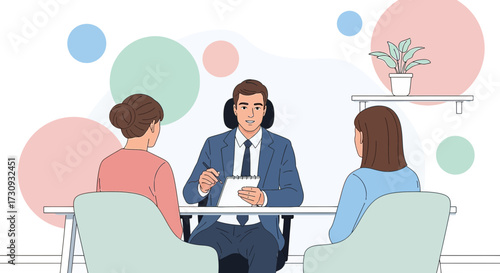 Illustration showcasing a therapist or consultant speaking with two clients in session