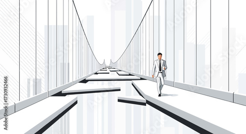 Illustration showcasing a determined businessman traversing challenges on the bridge to success