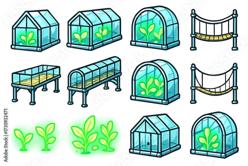 Variety of cartoon greenhouses and bridges with green plants