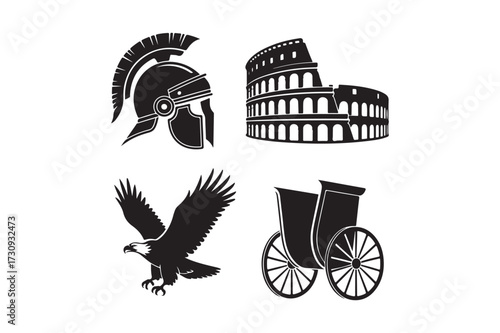 Ancient roman symbols including helmet colosseum eagle and chariot