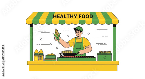 Illustration showcasing a healthy food stall with a vendor preparing corn on the grill and