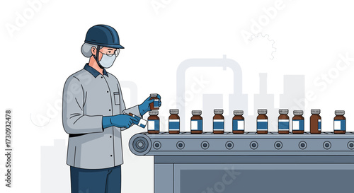 Illustration showcasing pharmaceutical production and quality control with worker and conveyor