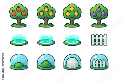 Colorful cartoon trees and elements: apples, oranges, grapes, portals, fences, domes