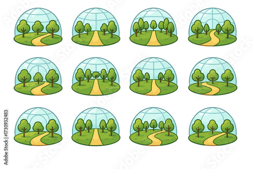 Seamless pattern of cartoon forest terrariums with pathways