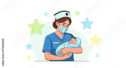 Illustrative image depicting a nurse holding a newborn baby, symbolizing healthcare and childcare