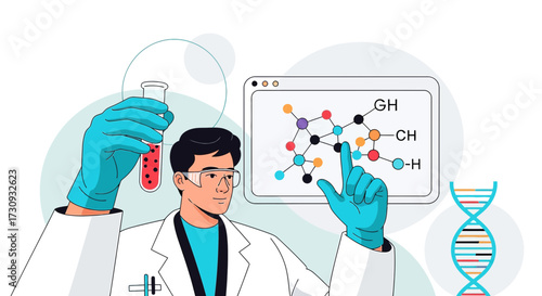 Illustrative representation of a scientist working with molecules and dna, showcasing innovation