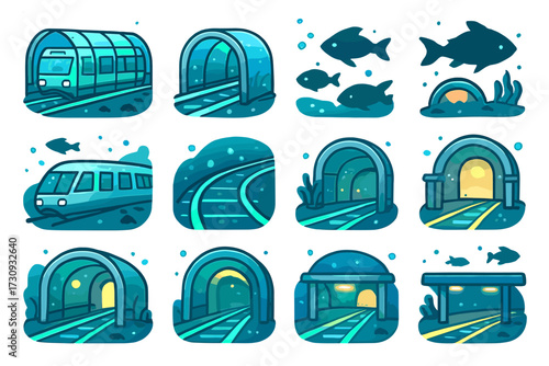 Underwater train journey: aquatic transportation themes with marine elements