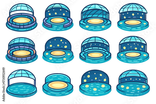 Twelve variations of futuristic domed platforms with cosmic themes