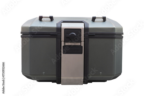 Motorcycle rugged rear metal storage box with secure latch on white