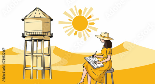 Illustrative scene of an architect designing near a water tower in the desert area