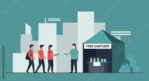 Illustrative scene of people receiving free sanitizer in an urban setting during pandemic