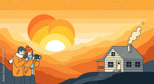 Illustrative scenic view of couple photographing cabin at sunset in mountain landscape with a