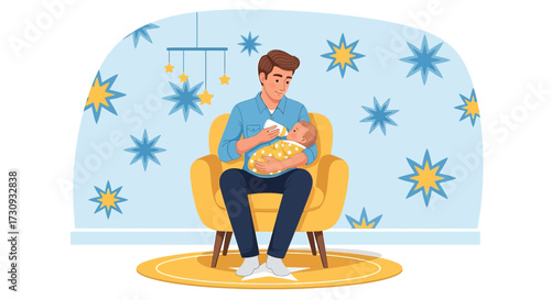Loving father feeding his baby with a bottle in a cozy and decorated nursery room
