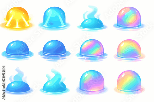 Colorful iridescent and transparent domes in various stages and light effects on white background