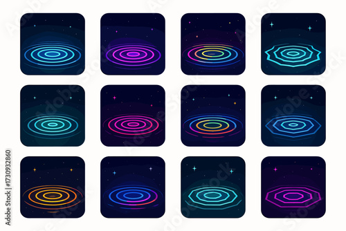 Set of 12 neon circular and hexagonal portal designs on dark background