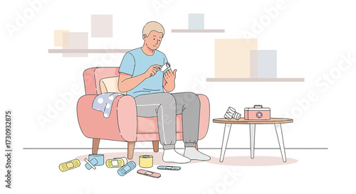 Man applying adhesive bandage to finger at home showing self care and health awareness