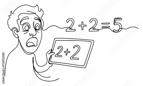 Man Holding Tablet with 2 Plus 2 Equals 5 Line Art