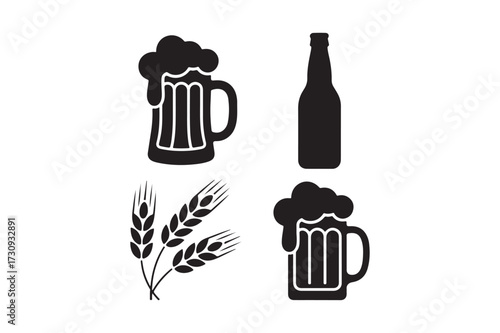 Black silhouette icons of beer mugs bottle and wheat stalks