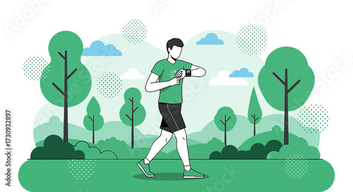 Man checking his smartwatch during an outdoor run in a minimalistic green park setting illustration