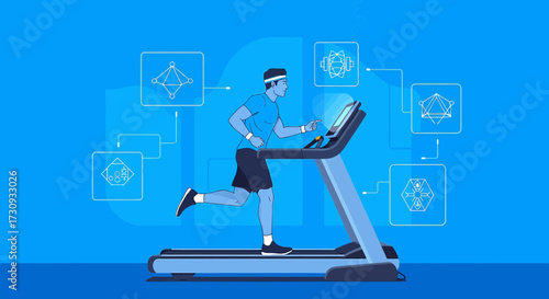 Man Running on Treadmill with Data Visualization for Fitness Monitoring and Wellness