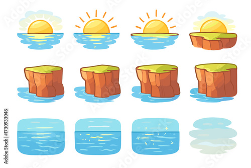 Cartoon sun and ocean cliff sequence illustrating time of day transitions