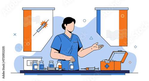 Medical Professional Explains Vaccination with Supplies and Equipment Illustration