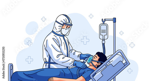 Medical professional in protective suit tending to a patient in hospital bed illustration