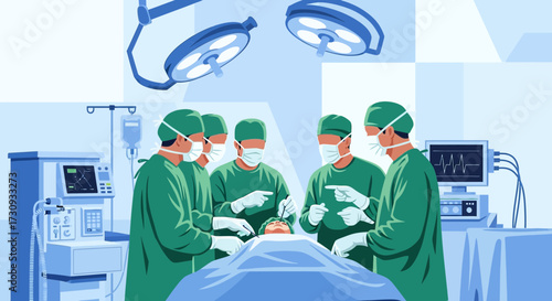 Medical team performing surgical procedure in operating room with modern equipment
