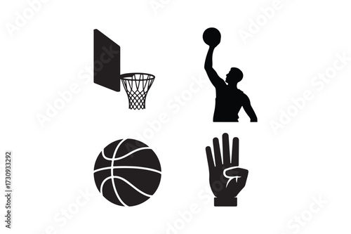 Basketball icons silhouette collection featuring player hoop ball and hand