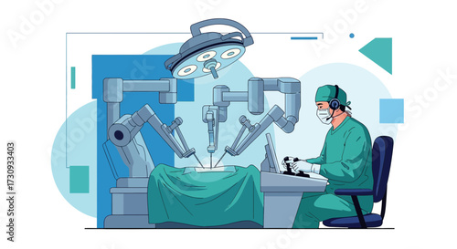 Modern robotic surgery illustration showing a doctor operating with robotic arms in a sterile