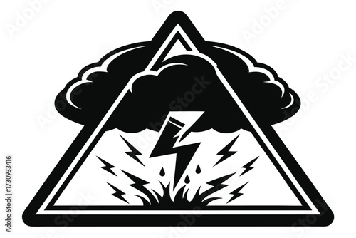 Hazard Warning Triangle Showing Stormy Cloud and Lightening Strikes in Black and White