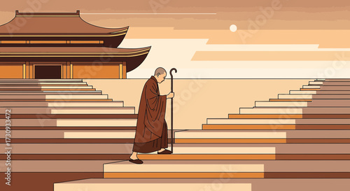 Monk ascending temple stairs a journey of devotion faith and spiritual growth