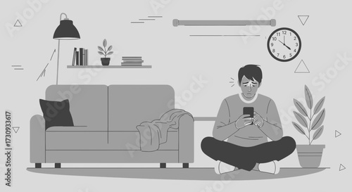 Monochrome illustration depicting a man with a sad expression looking at his phone in a domestic