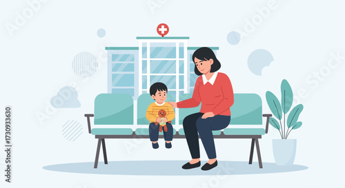 Mother comforts her child at the hospital waiting area illustration concept design