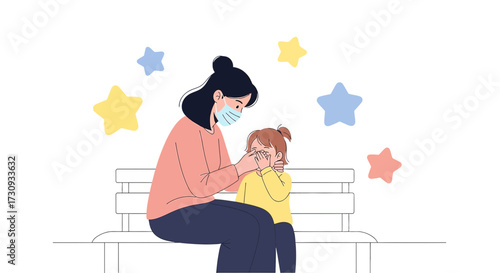 Mother wearing a face mask comforting her crying daughter during the pandemic outbreak