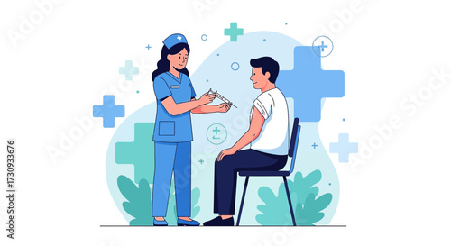 Nurse administering vaccine injection to a patient in a healthcare setting illustration