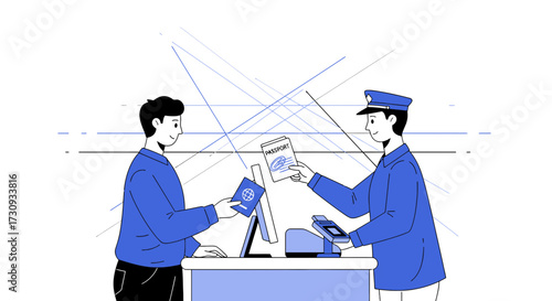 Passport control at the airport with officer checking documents of traveler security illustration