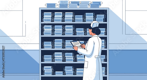 Nurse taking inventory of surgical masks in storage during a healthcare crisis or pandemic
