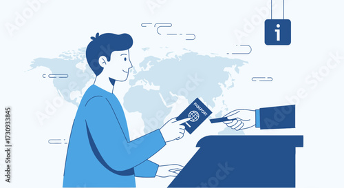 Passport control illustration showcasing a traveler handing over their passport for verification