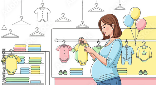 Pregnant woman shopping for baby clothes with anticipation and joy in a boutique