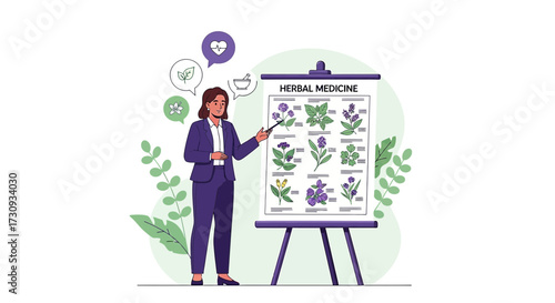 Presentation on herbal medicine: woman explaining natural remedies and healthcare solutions