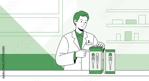 Professional pharmacist presenting digital thermometers in a modern minimal design store