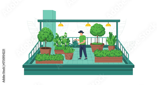 Rooftop Garden Scene with a Gardener Watering Plants and Trees in Containers Creating a Peaceful