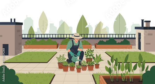 Rooftop gardening with a farmer in urban garden, nurturing plants, creating a green space, and