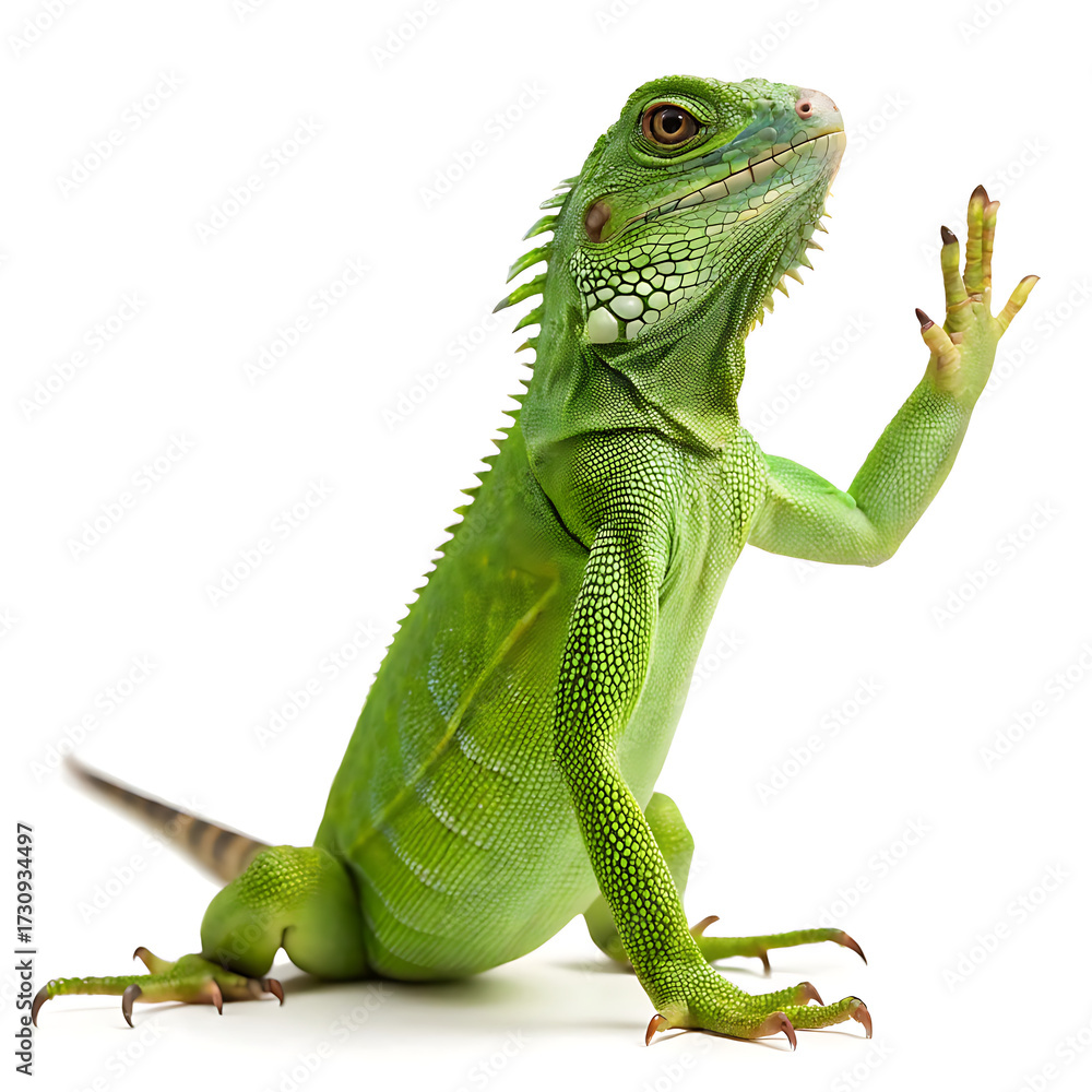 Obraz premium A green iguana standing on a white surface with its right arm raised in a waving gesture pose isolated