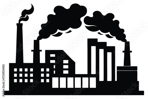 Black Silhouette of Industrial Factory Buildings with Chimneys and Dark Smoke Emission Vector Illustration